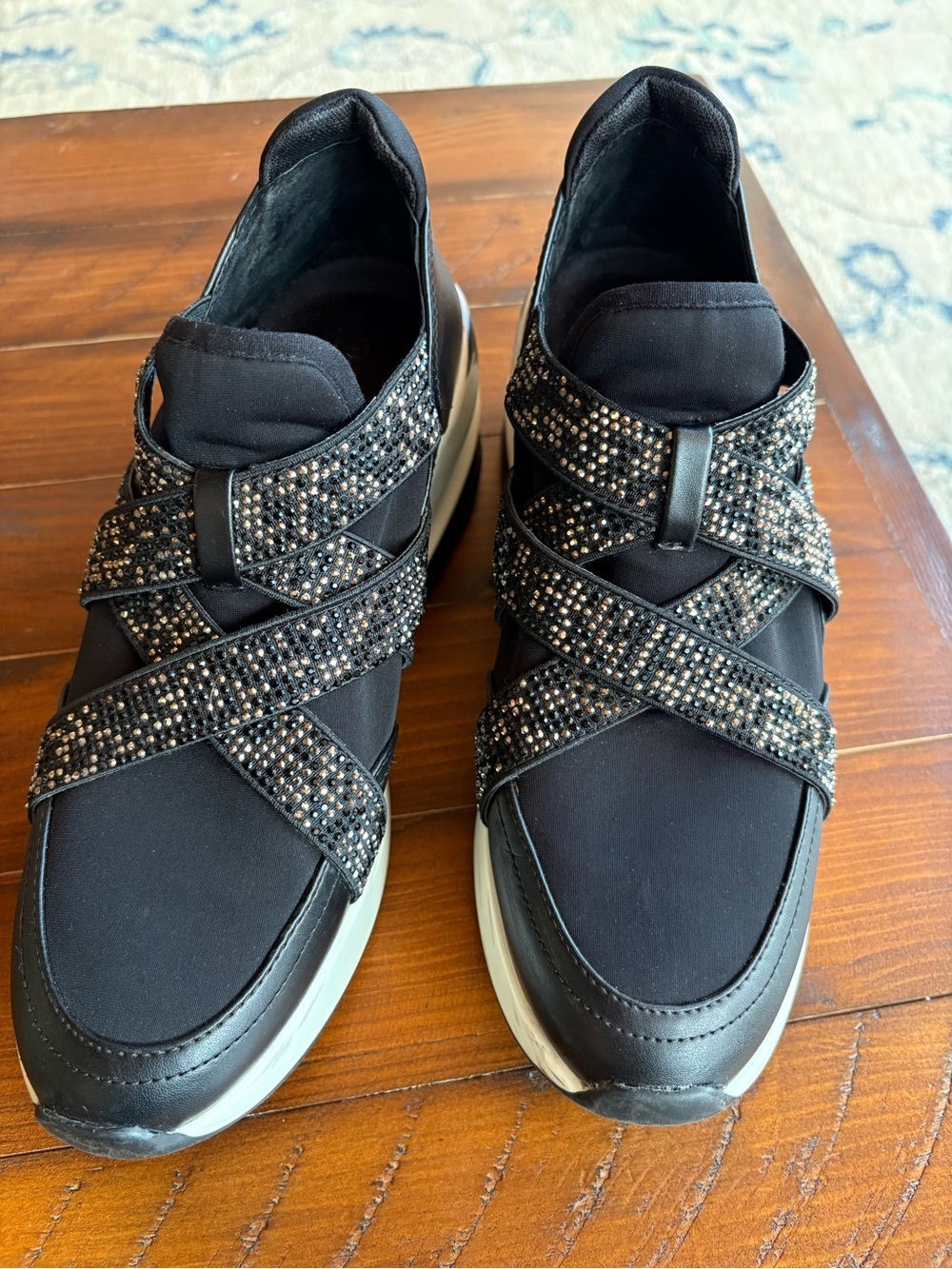 Black 3” Platform Slip-On Sneakers with Embellished Straps, Sz 6-6.5, bling - Picture 4 of 8